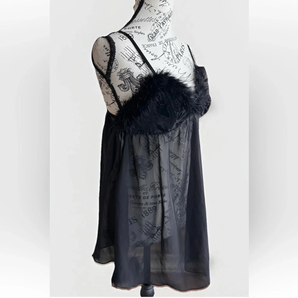 Vintage Y2K Black Whimsigoth Whimsey Goth Faux Fur Lingerie Slip Top Large - Picture 1 of 8